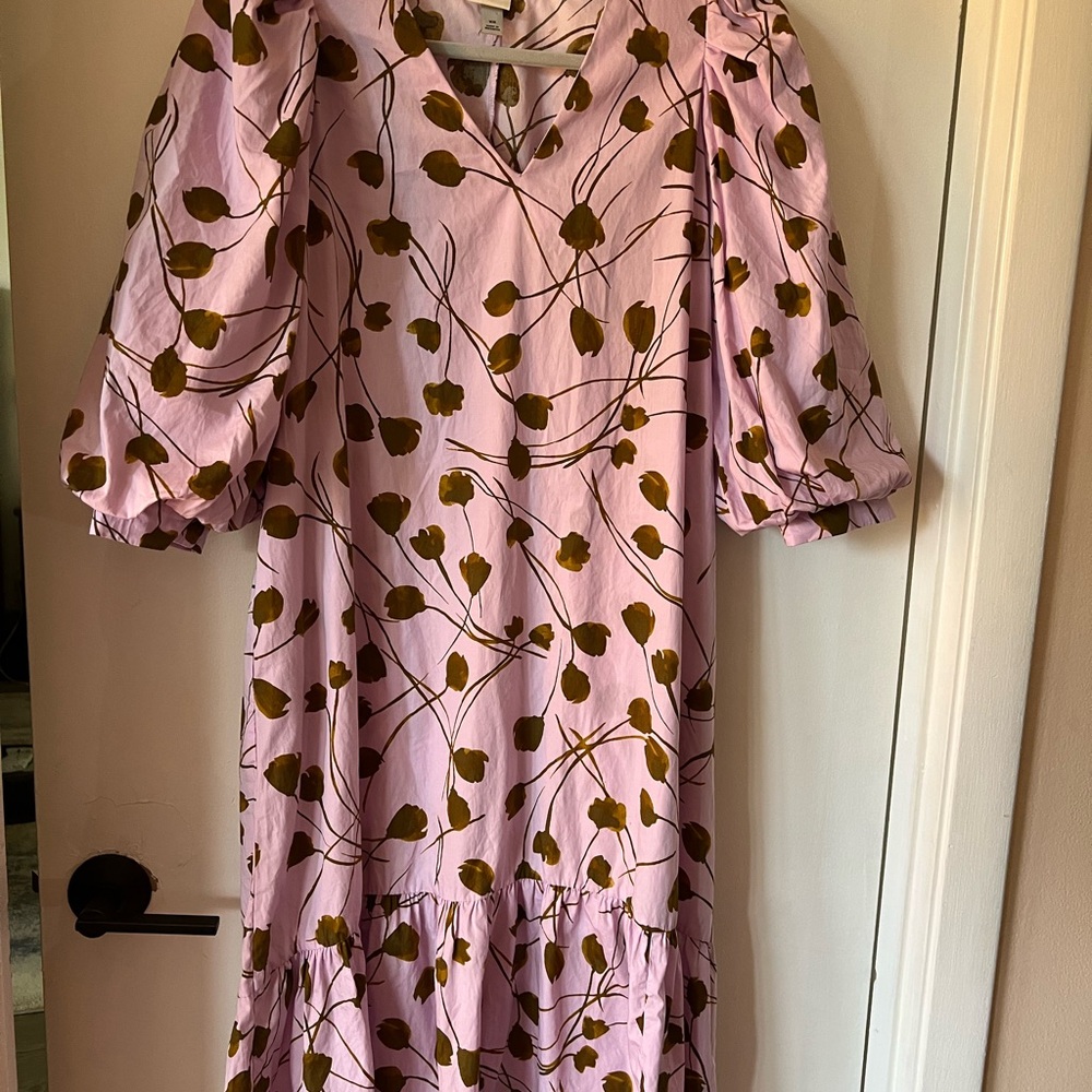 Oversized Lilac/Pink Floral Puff Sleeve Midi Dress, 100% cotton, size XS